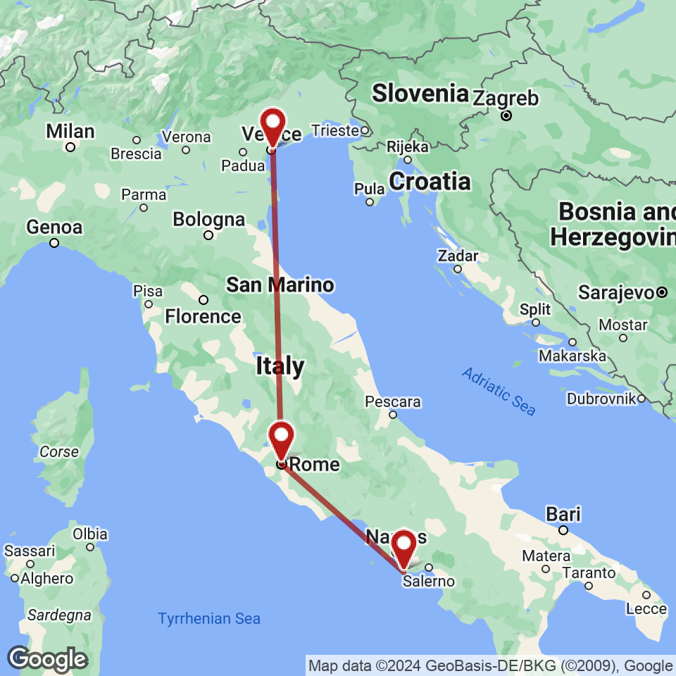 Route for Venice, Rome, Sorrento tour